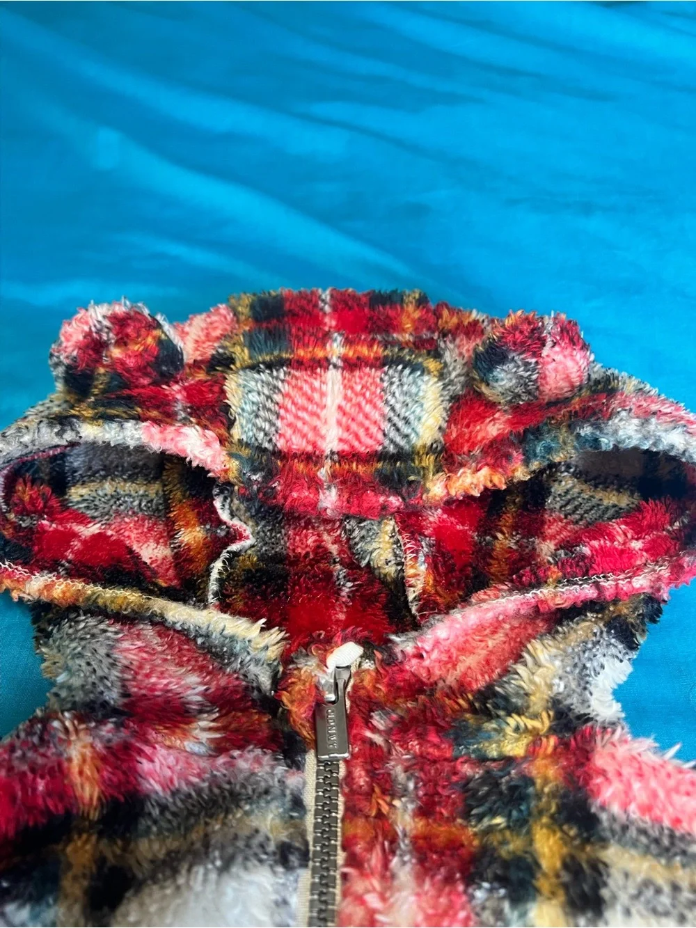 Old Navy Toddler Plush Fleece Plaid Hooded Jacket Red 3T